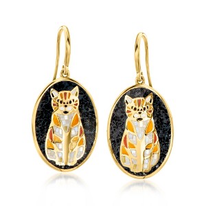 Ross-Simons Onyx and Mother-Of-Pearl Cat Mosaic Drop Earrings With Multicolored Enamel in 18kt Gold Over Sterling - 1 of 3