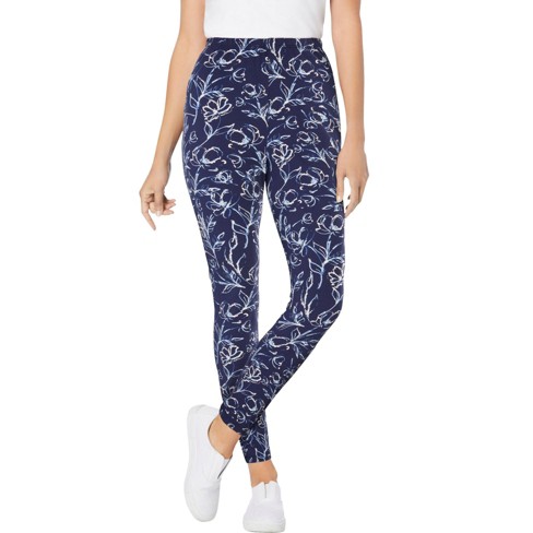 Woman Within Women s Plus Size Stretch Cotton Printed Legging 1X Navy Batik Floral