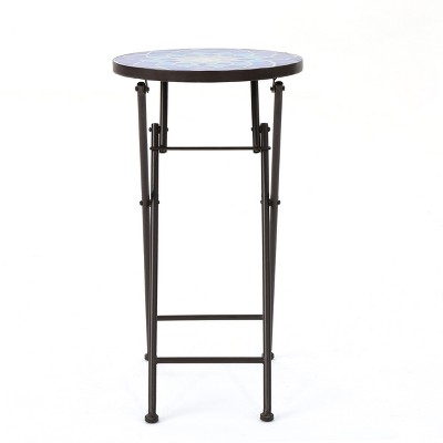 GDFStudio Erato Outdoor Ceramic Mosaic Folding Side Table, Blue, White, and Matte Brown