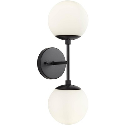 Possini Euro Design Mid Century Modern Wall Light Sconce Black Hardwired 17 3/4" High 2-Light Fixture Opal Glass Bedroom Bathroom