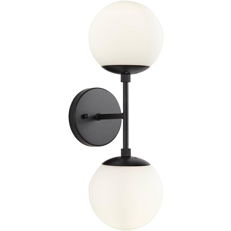Possini Euro Design Oso Mid Century Modern Wall Light Sconce Black Hardwire 17 3/4" High 2-Light Fixture Opal Glass for Bedroom Bathroom Vanity House, 1 of 9