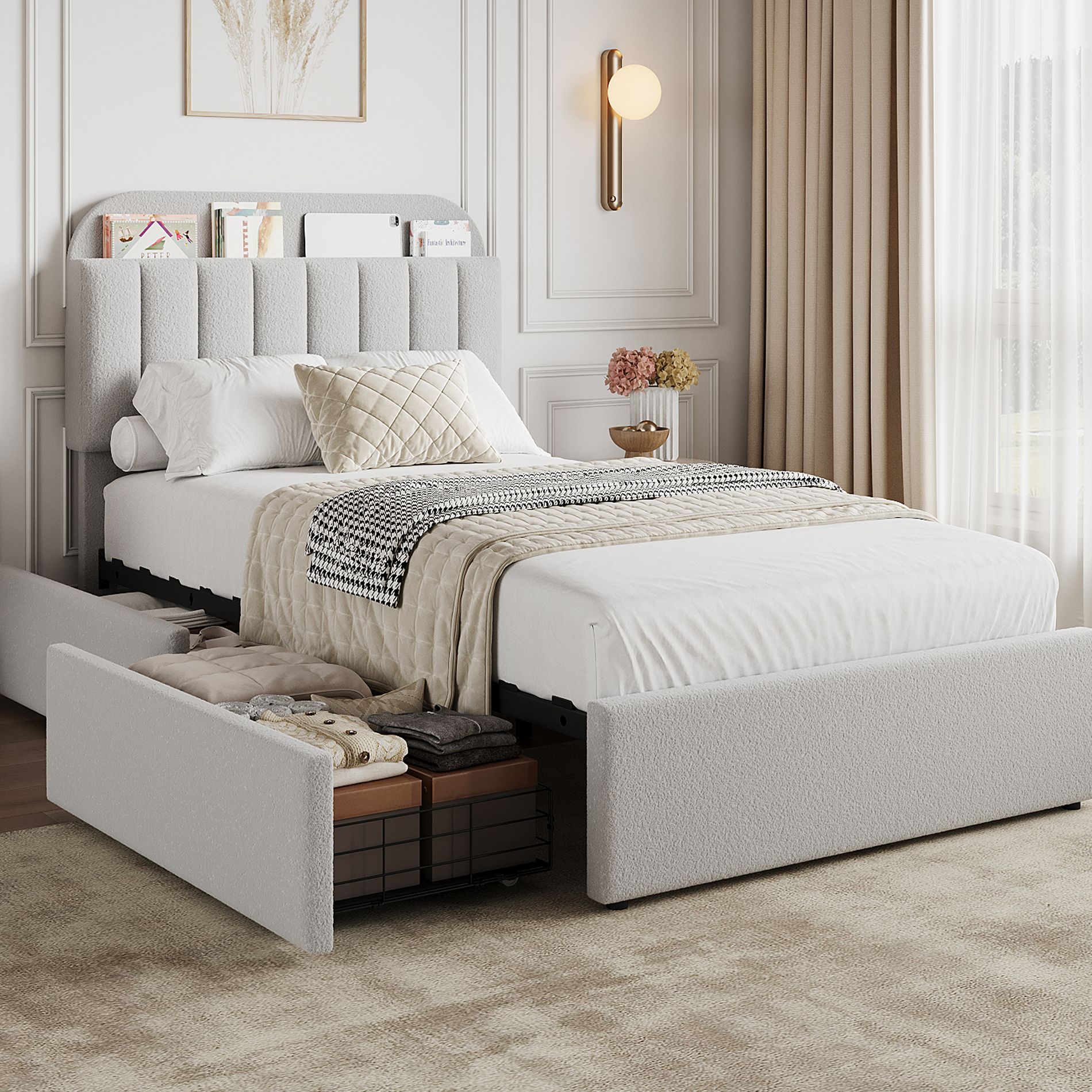Twin Bed Frame with Bookcase Headboard, Kids Bed Frame with 2 Drawers, Boucle Upholstered Platform Bed, No Box Spring Needed, Easy Assembly, Grey