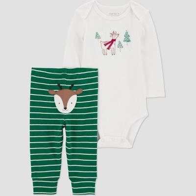 Image of Carter's Just One You® Baby Christmas 2pc Striped Reindeer Top & Bottom Set - Green 6M
