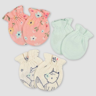 Image of Gerber Baby Girls' 3pk Fox Mittens - Light Blue/Yellow/Orange