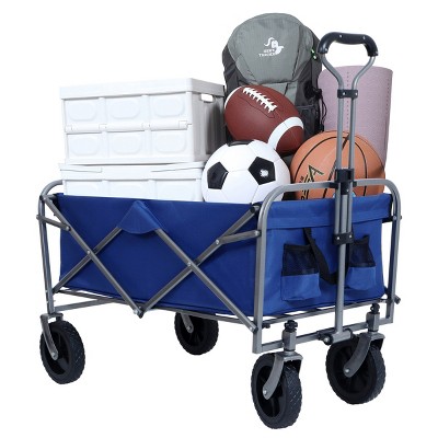 YONWAY Collapsible Utility Wagon Cart, Beach Wagon,Utility Cart Adjustable Handle 29-39 inch, Heavy-Duty Steel Frame, with Cup Holders,Blue