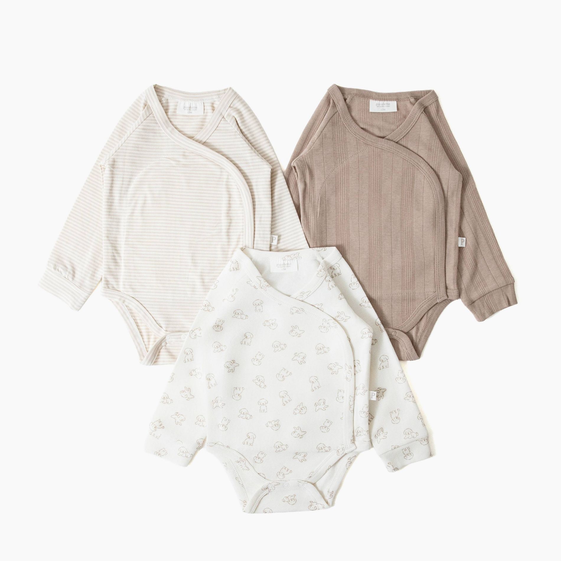 Picolette by Olivia Culpo Baby Oliver Dog 3pk Long Sleeve Bodysuits - Beige/Ivory