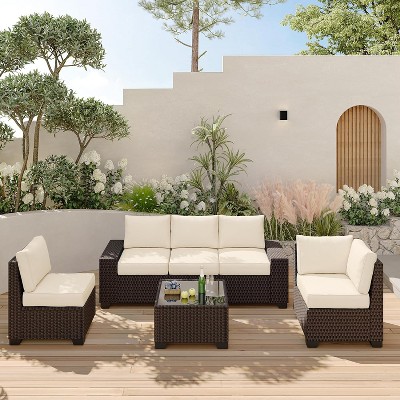 6 Pieces Outdoor Patio Furniture Set, Wicker Furniture Set, Patio Sectional Furniture Set with 5 Seat Cushions and 1 Glass Coffee Table