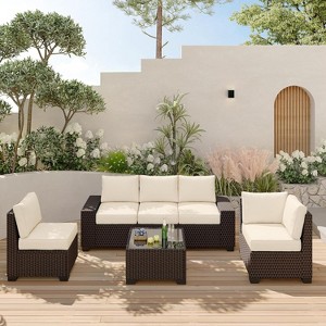 6 Pieces Outdoor Patio Furniture Set, Wicker Furniture Set, Patio Sectional Furniture Set with 5 Seat Cushions and 1 Glass Coffee Table - 1 of 4
