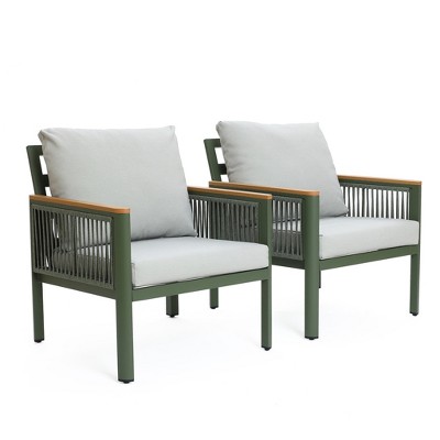 LuxenHome Outdoor Aluminum with Wood-Style Plastic Armchairs with Cushions, Set of 2