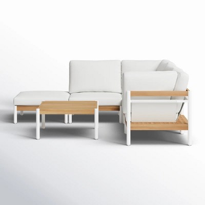 Modular Outdoor Corner Sofa Set Wood Grain Texture Sectional w/ Chaise Longue & Ottoman + Square Coffee Table