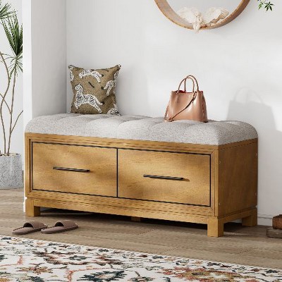 PAGED Shoe Bench with Removable Cushion, Wood Ottoman with Storage, Entryway Bench with Safety Hinge, Entryway Ottoman Bench