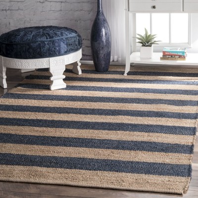 Denim and Tan Striped 4' x 6' Jute and Cotton Flatweave Rug