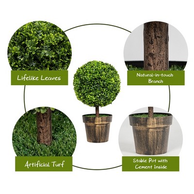 22" Green Artificial Boxwood Topiary Trees in Bronze Cement Pots, Set of 2