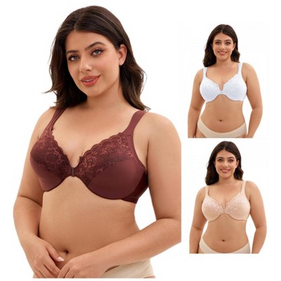 INSPIRE CHIC 3 Pcs Women's Front Closure Lace Trim Underwire Adjustable Straps Plunge Bras