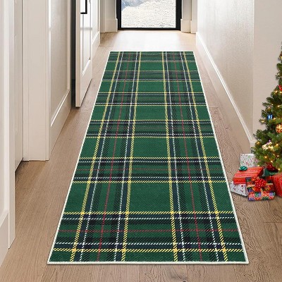 2x6 Christmas Buffalo Plaid Runner Rug, Washable, Non-Slip, Holiday Gingham Floor Cover Accent Carpet for Kitchen, Laundry, Bedroom, Green