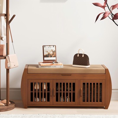 ELECWISH Bamboo Shoe Bench with Storage - 2-Tier Shoe Rack, Hidden Storage & Side Organizer, Brown
