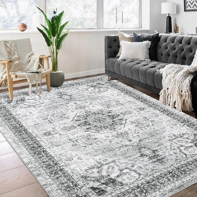 Washable Vintage Rug - Oriental Medallion Low Pile Non-Slip Carpet for Living Room, Bedroom, Office - Grey