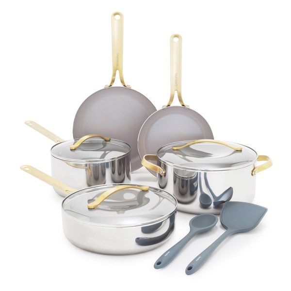 Juego de utensilios de cocina GreenPan Nova Gallery de 10 piezas en acero inoxidable y cerámica antiadherente con mango color champán