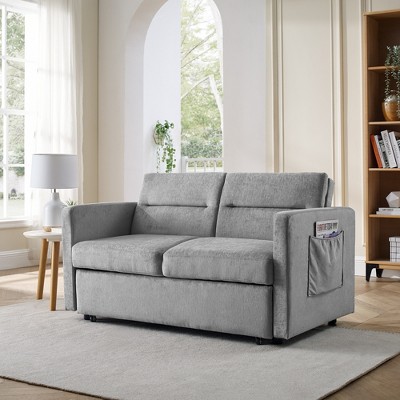 TiramisuBest Loveseats Sofa Bed with Pull-out Bed, Adjsutable Back and Two Arm Pocket,Grey