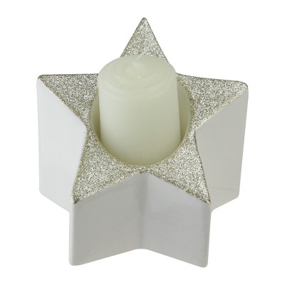 Northlight 4” Glittered and Star Shaped Pillar Candle Holder - Silver