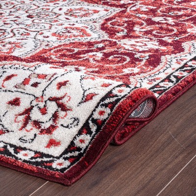 Red and Ivory Traditional Medallion Stain-Resistant Runner Rug