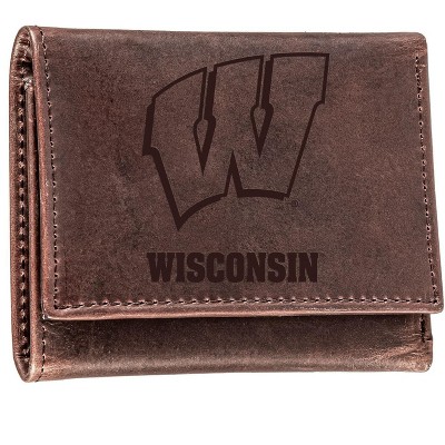 Evergreen NCAA Wisconsin Badgers Brown Leather Trifold Wallet Officially Licensed with Gift Box