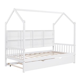 TopComfy Beds Wooden Twin Size House Bed with Trundle Kids Bed with Built In Shelf Full Size Wooden Frame for Kids Room, White, 80.85"*17.4"*6.1" - 1 of 4