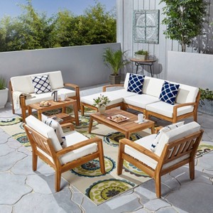 GDFStudio Parma Outdoor Acacia Wood 7 Seater Sectional Sofa Chat Set with Ottoman - 1 of 4