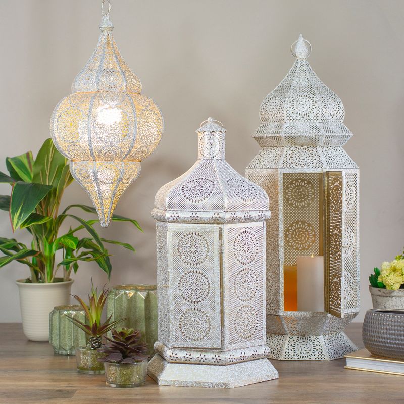 Northlight 21.5" White and Gold Moroccan Style Pillar Candle Table Lantern, 2 of 5