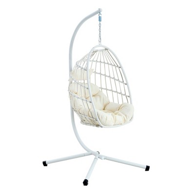 Lirago Heavy-Duty Iron Hanging Chair with Wicker Weave Single Person Swing for Indoor/Outdoor Use White 36.61"W * 37"L * 78.74"H