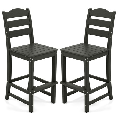 Tangkula Set Of 2 Patio HDPE Barstool Outdoor High Top Bar Chair w/Backrest & Footrest All-Weather Wood-Plastic Bar Height Chair Black