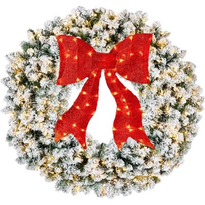 Artificial Christmas Wreath with Bow – Pre-Lit Winter Wreath with LED Lights, Indoor & Outdoor Holiday Xmas Decoration