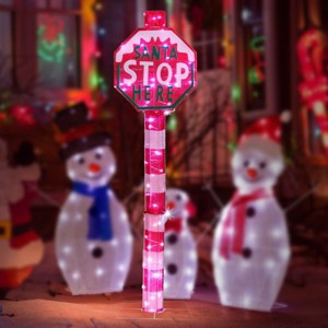 Angel Sar Lighted "SANTA STOP HERE" Christmas Yard Sign, 70 LED White Lights Outdoor Decoration with Ground Stakes, Holiday Road Sign for Lawn, Garden - 1 of 4