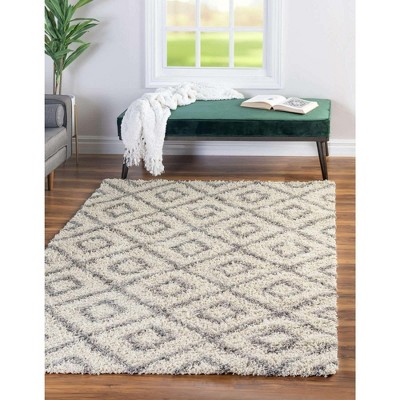 Ivory and Gray Trellis Shag 6' x 9' Synthetic Area Rug