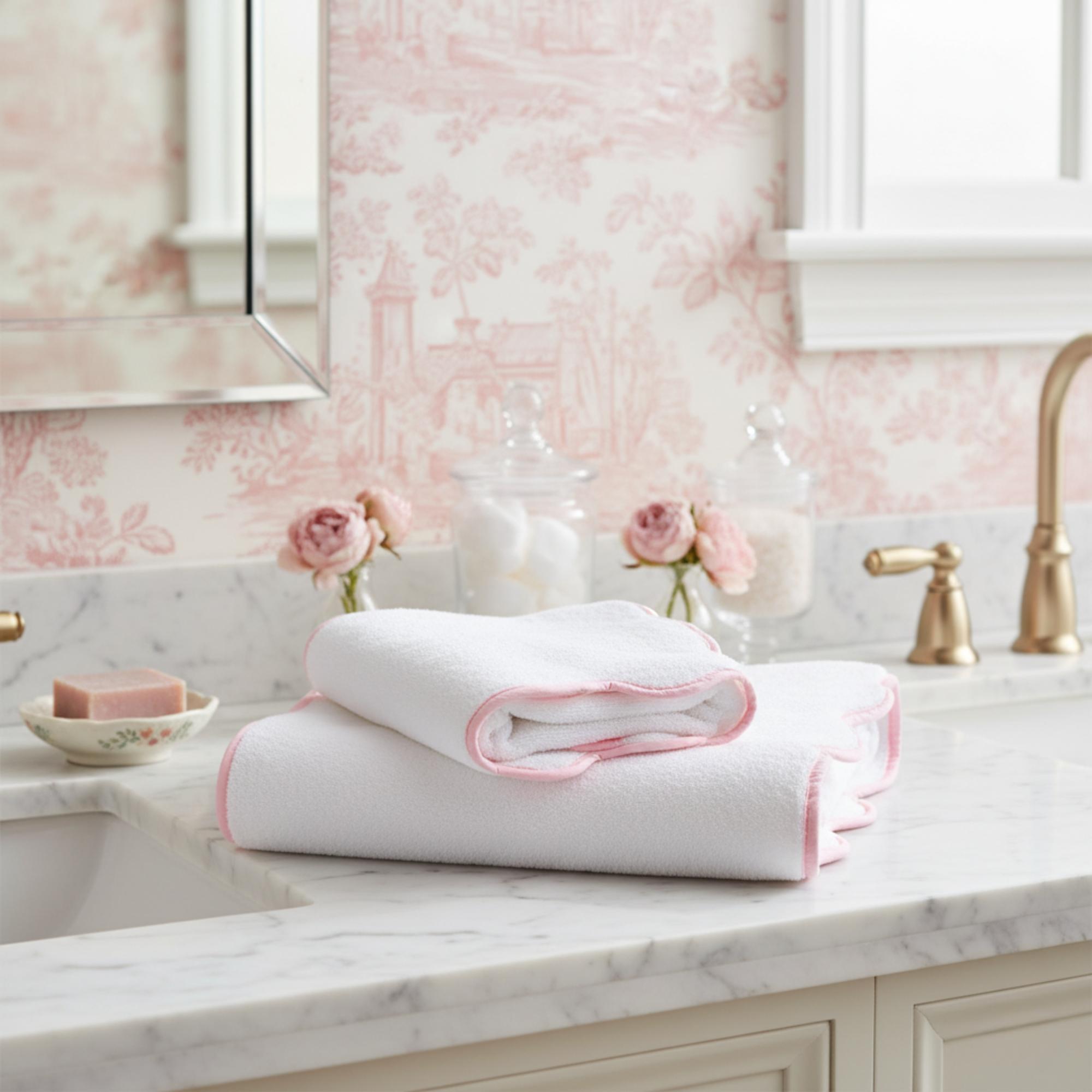 Lotus Linen Luxury Scallop Piping Bath Towel Sets (6-Piece) Pink Bath Sheet (2 Pieces)