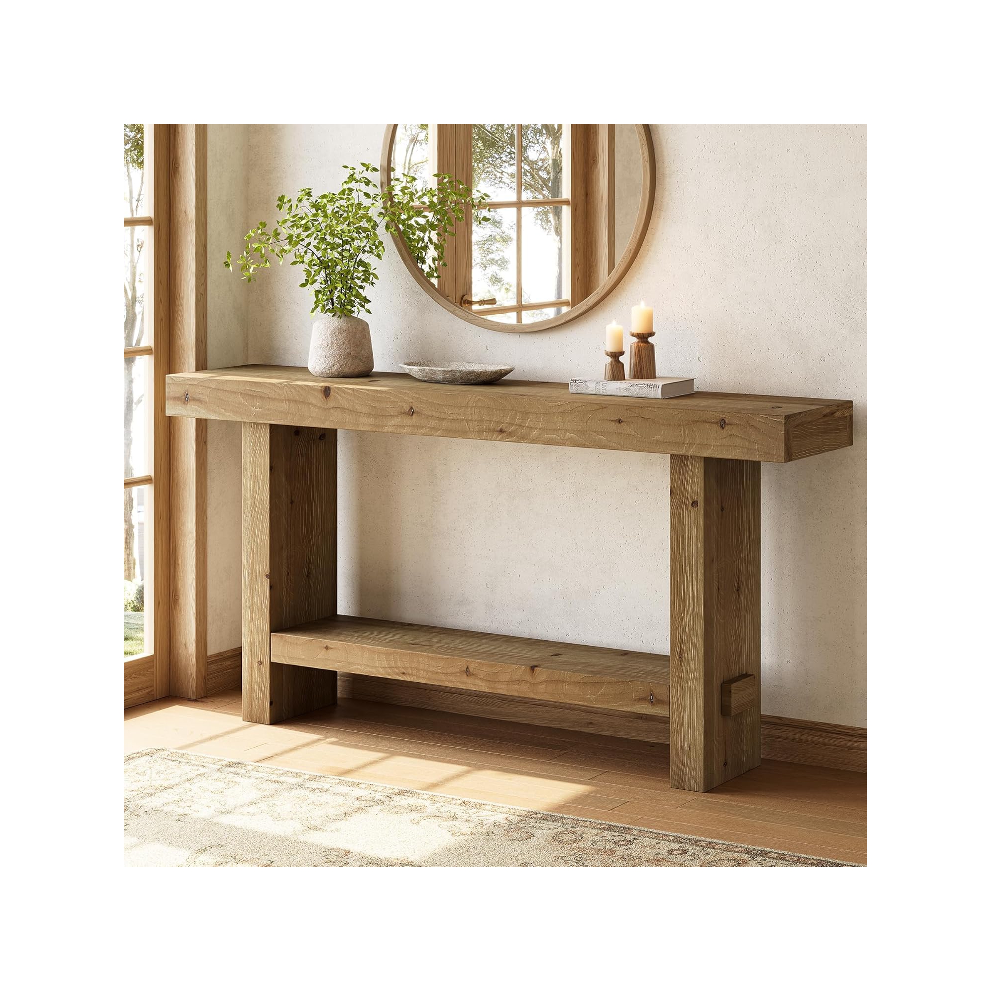 Lantine 63"Solid Wood Console Table, 2-Tier Narrow Farmhouse Entryway Table for Hallway, Entrance, Living Room, Behind The Couch,Brown