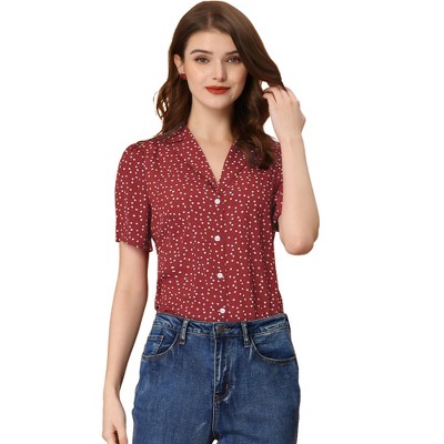Allegra K Women's Heart-Shaped Polka Dots V Neck Short Sleeve Button Down Vintage Blouse