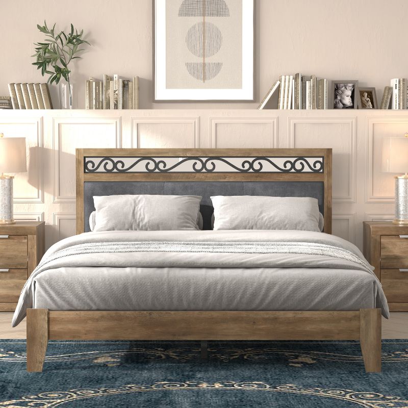 Galano Tammin Knotty Oak Upholstered Queen Platform Bed with Headboard, 1 of 13