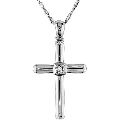 Pompeii3 Diamond Cross Pendant Round Solitaire 10K White Gold