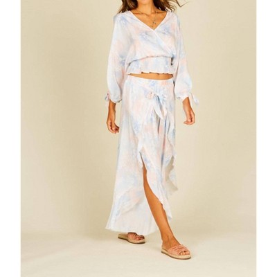 Women's Tie Dye Cold Shoulder Faux Wrap Smocked Top - ocean drive