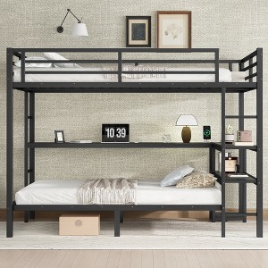 KWPZQEB Full Over Twin Bunk Bed with USB, Metal Bunk Bed with with Desk & Shelves, Ladder & Safety Guardrails, Easy Assembly, No Box Spring Needed - 1 of 4