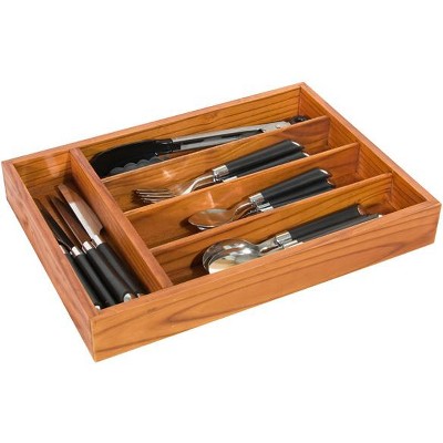 Home Basics Extra Deep 5 Divided Compartment Rustic Pine Wood Cutlery and Flatware Drawer Storage Organizer Tray, Natural