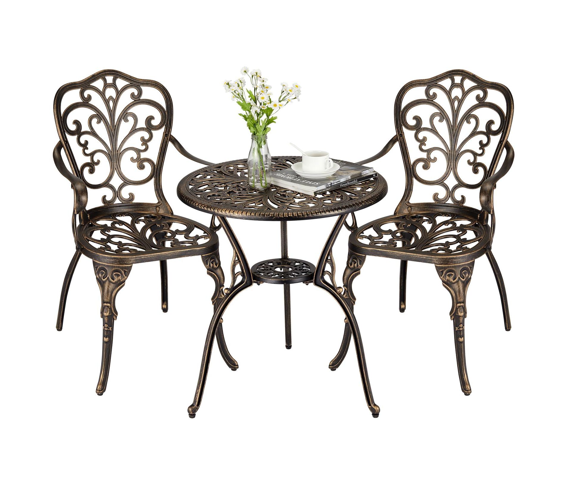 TROPOW 3 Piece Bistro Set, Outdoor Bistro Table and Chairs Set of 2, Rust-Resistant Cast Aluminum All Weather Patio Outdoor Bistro Set with Umbrella
