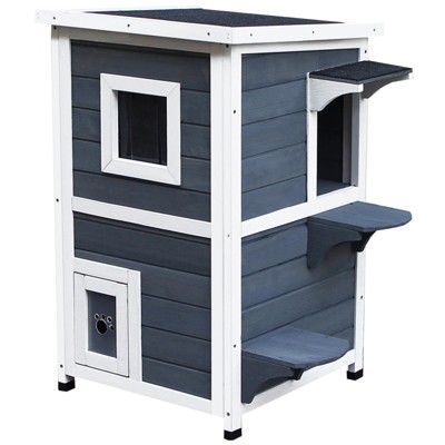 Pawhut 2 Story Outdoor Cat House, Wooden Kitten Enclosure Condo Feral ...