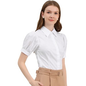 Allegra K Women's Puff Short Sleeve Collared Cotton Office Button Down Shirt - 1 of 4