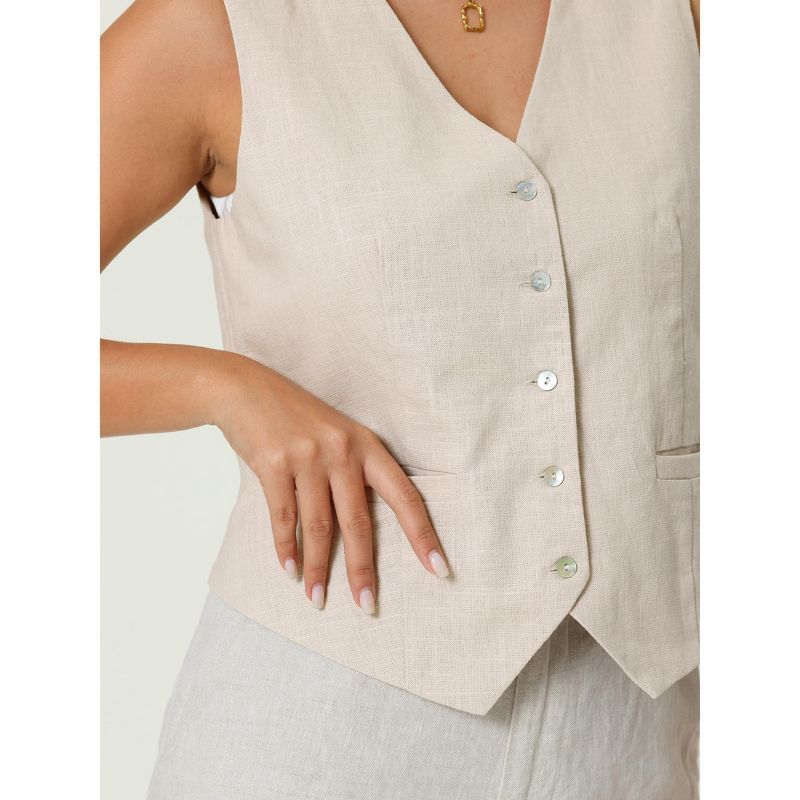 Hobemty Women's Linen Sleeveless Button Down V Neck Waistcoat Vest, 4 of 5