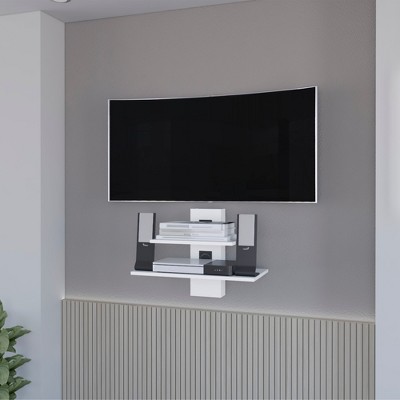 23.6 inch Wood Floating Dual Shelf Wall Unit with Cable Management, Sleek Design, and Space-Saving Functionality for Living Room and Bedroom