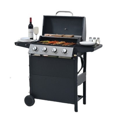 VisioGear Outdoor Grill with with Two Shelves, Lid, Wheels and Bottle Opener, Grill for Backyard, Black & Silver, 44.8"*13.3"*39.3"
