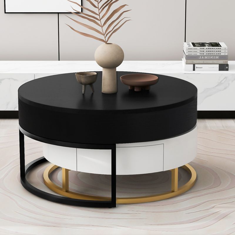 Modern Round Nesting Coffee Table, Lift-top Cocktail Table with 2 Drawers-ModernLuxe, 3 of 15