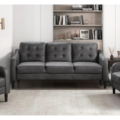 Grungis Modern Faux Leather Button-Tufted Loveseat Sofa with Contoured Arms, 2-Seater Couch with Solid Wood Frame for Living Room & Bedroom
